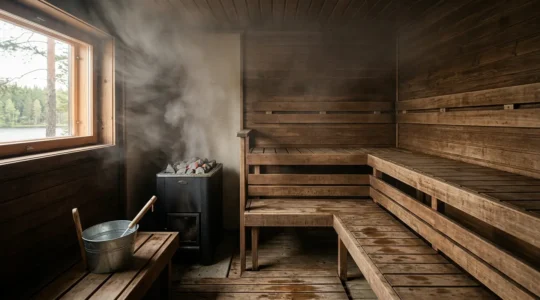 Vue intérieure d'un sauna finlandais avec vapeur douce s'élevant des pierres chauffées