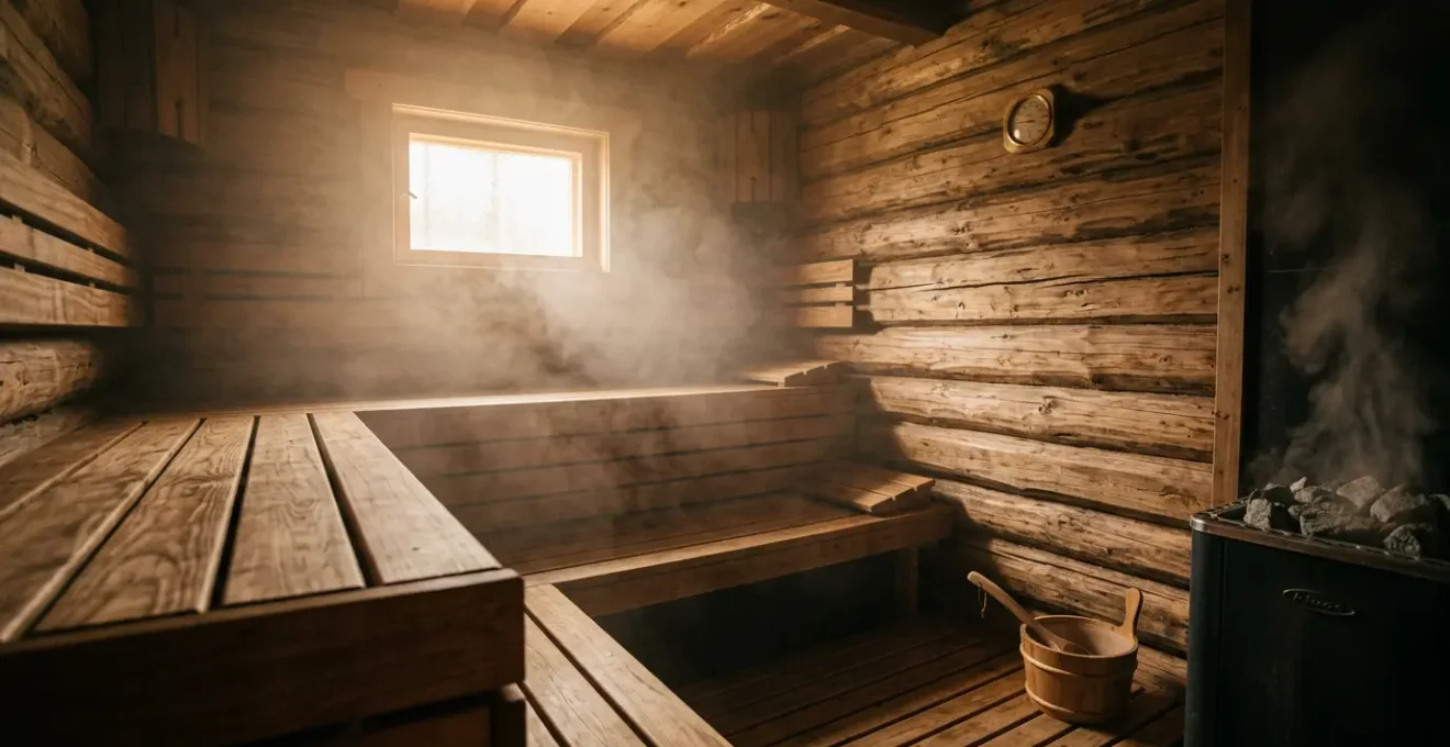 Vue immersive d'un sauna en bois naturel avec vapeur douce et éclairage tamisé propice à la méditation