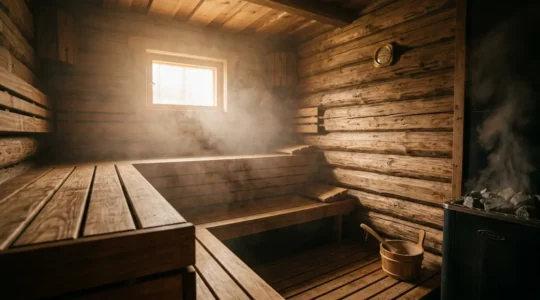 Vue immersive d'un sauna en bois naturel avec vapeur douce et éclairage tamisé propice à la méditation