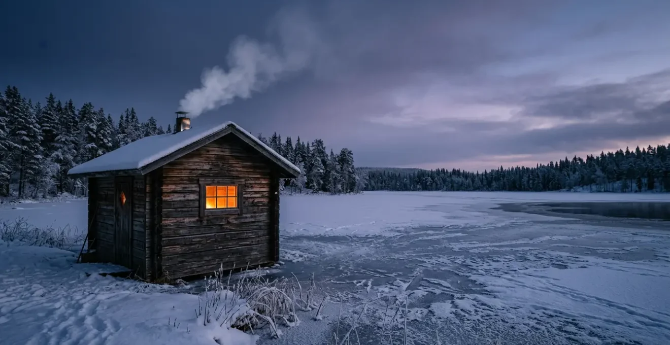 Scène nordique montrant l'alternance chaud-froid avec un sauna en bois et un lac gelé en hiver