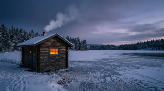 Scène nordique montrant l'alternance chaud-froid avec un sauna en bois et un lac gelé en hiver