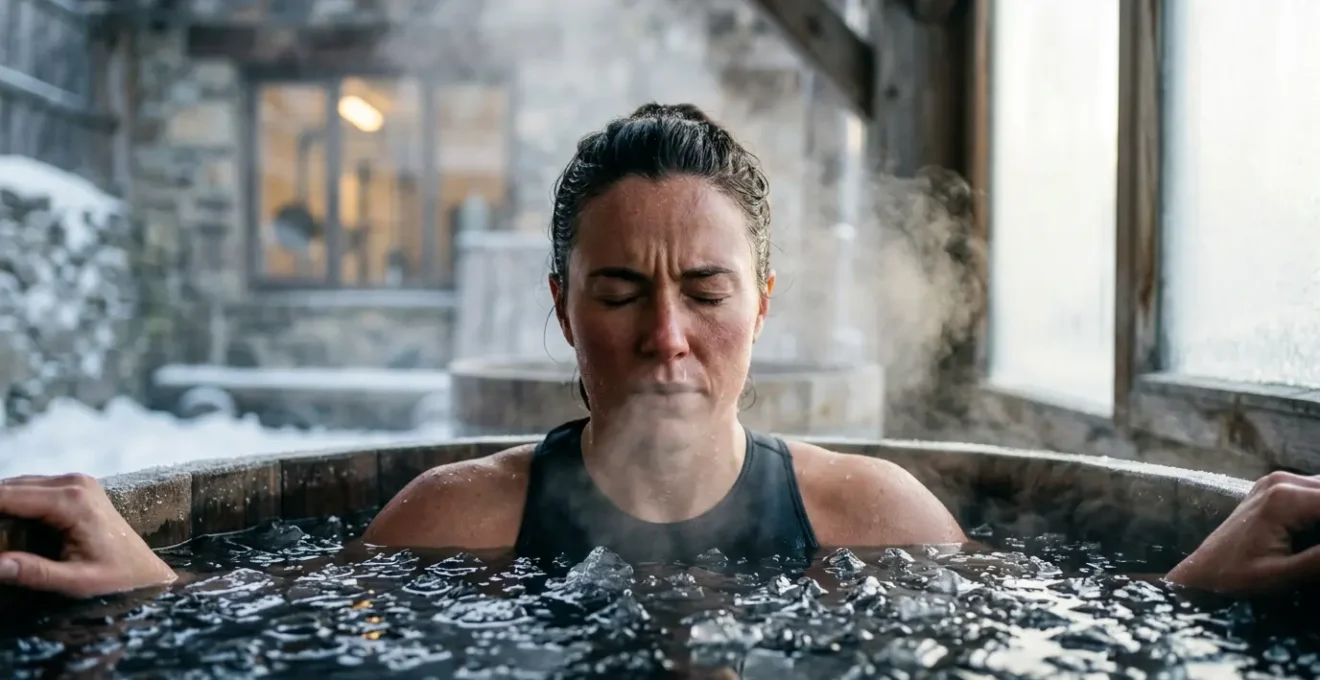 Personne immergée dans un bain glacé avec vapeur froide et effet thermique visible