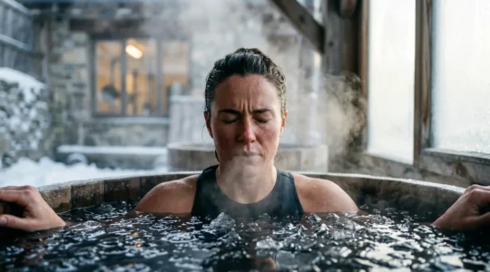 Personne immergée dans un bain glacé avec vapeur froide et effet thermique visible