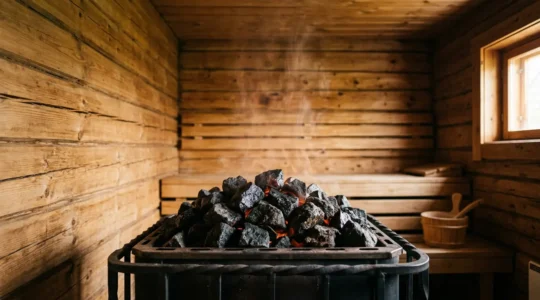 Pierres volcaniques empilées dans un poêle de sauna, diffusant une chaleur rayonnante après l'arrêt du chauffage