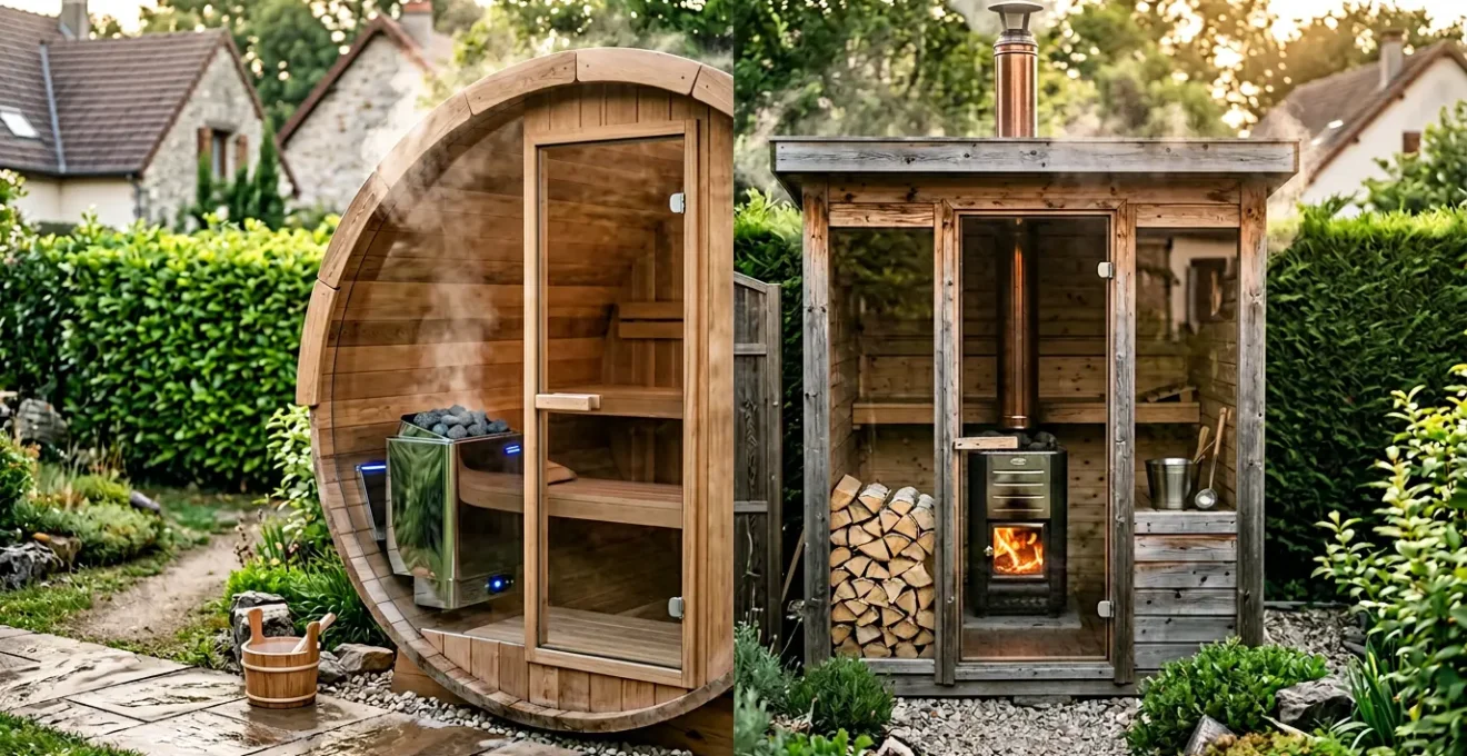 Comparaison visuelle entre un poêle électrique moderne et un poêle à bois traditionnel pour sauna en zone périurbaine