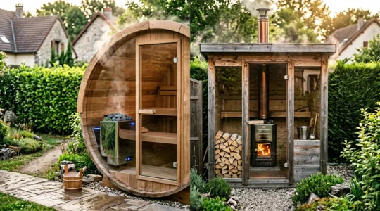 Comparaison visuelle entre un poêle électrique moderne et un poêle à bois traditionnel pour sauna en zone périurbaine