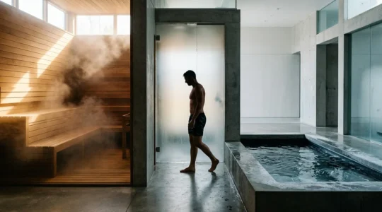 Athlète professionnel alternant entre sauna et bain glacé pour optimiser sa récupération musculaire