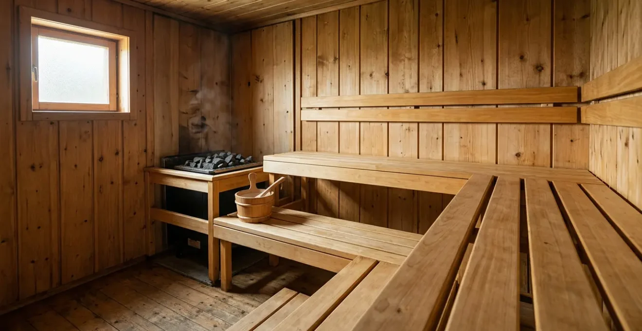 Intérieur lumineux d'un sauna traditionnel en bois d'épicéa doré avec banquettes multi-niveaux et pierres volcaniques sur le poêle
