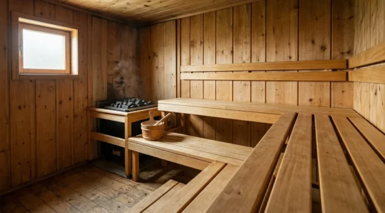 Intérieur lumineux d'un sauna traditionnel en bois d'épicéa doré avec banquettes multi-niveaux et pierres volcaniques sur le poêle
