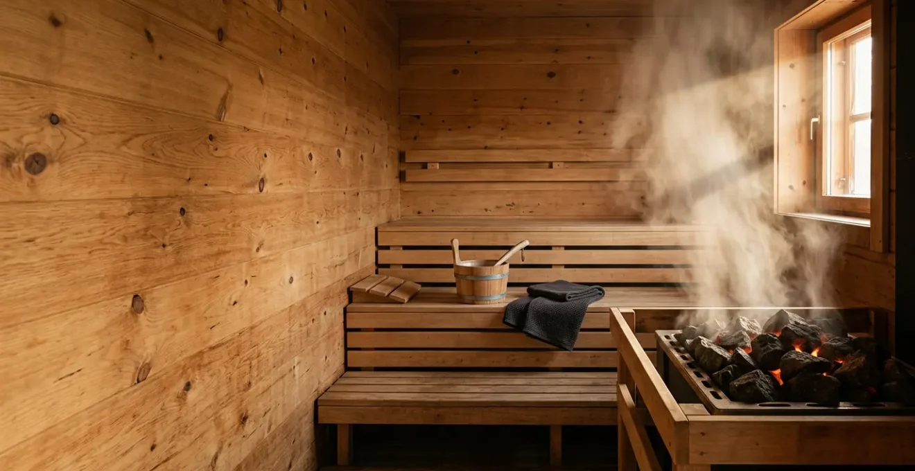 Intérieur authentique d'un sauna finlandais traditionnel avec pierres volcaniques et bancs en bois