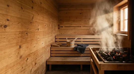 Intérieur authentique d'un sauna finlandais traditionnel avec pierres volcaniques et bancs en bois