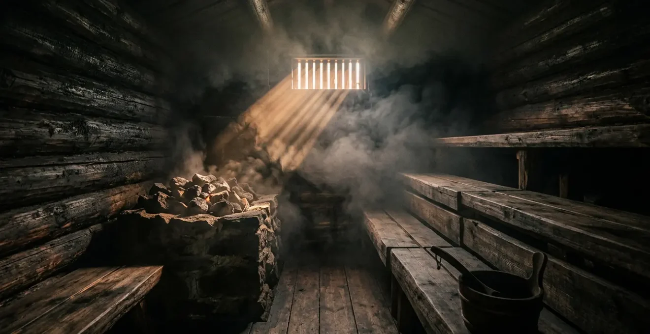 Intérieur mystérieux d'un sauna fumé traditionnel finlandais avec ses murs noircis par la suie