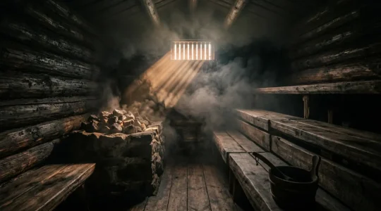 Intérieur mystérieux d'un sauna fumé traditionnel finlandais avec ses murs noircis par la suie