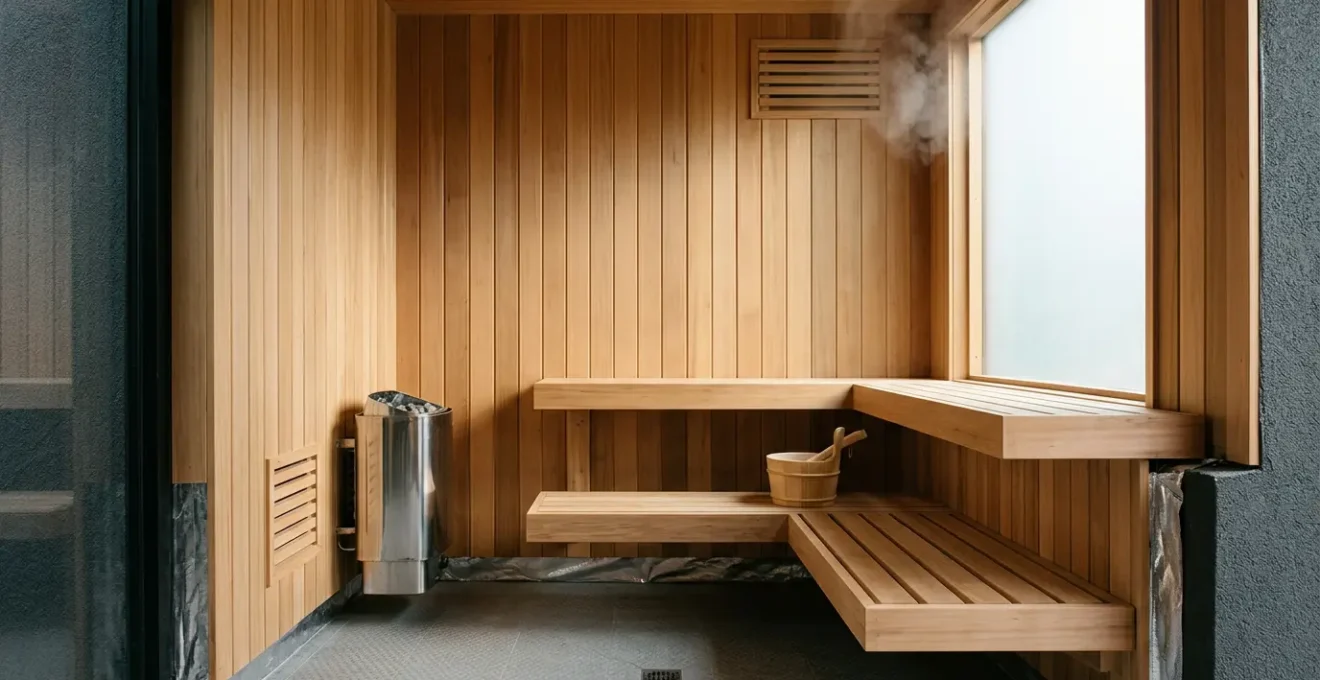 Installation d'un sauna intérieur avec système de ventilation visible pour prévenir la moisissure