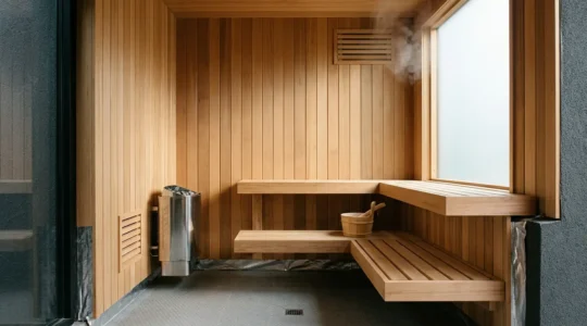 Installation d'un sauna intérieur avec système de ventilation visible pour prévenir la moisissure