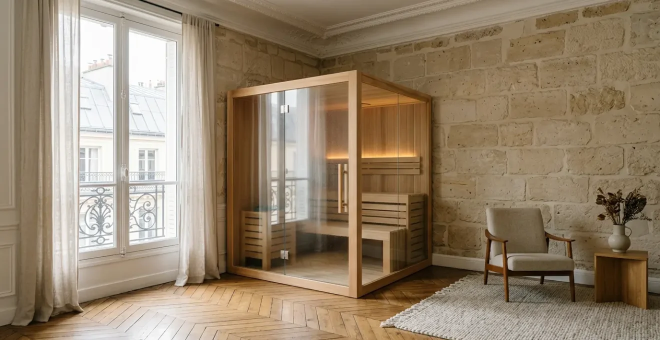 Intérieur d'appartement haussmannien parisien avec sauna moderne intégré, lumière naturelle douce