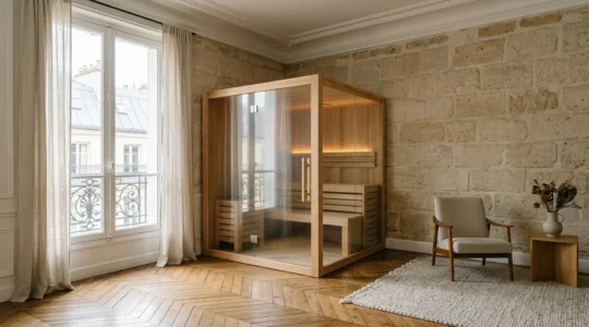 Intérieur d'appartement haussmannien parisien avec sauna moderne intégré, lumière naturelle douce