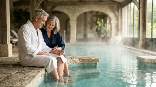 Couple de seniors dans un environnement spa relaxant avec surveillance cardiaque