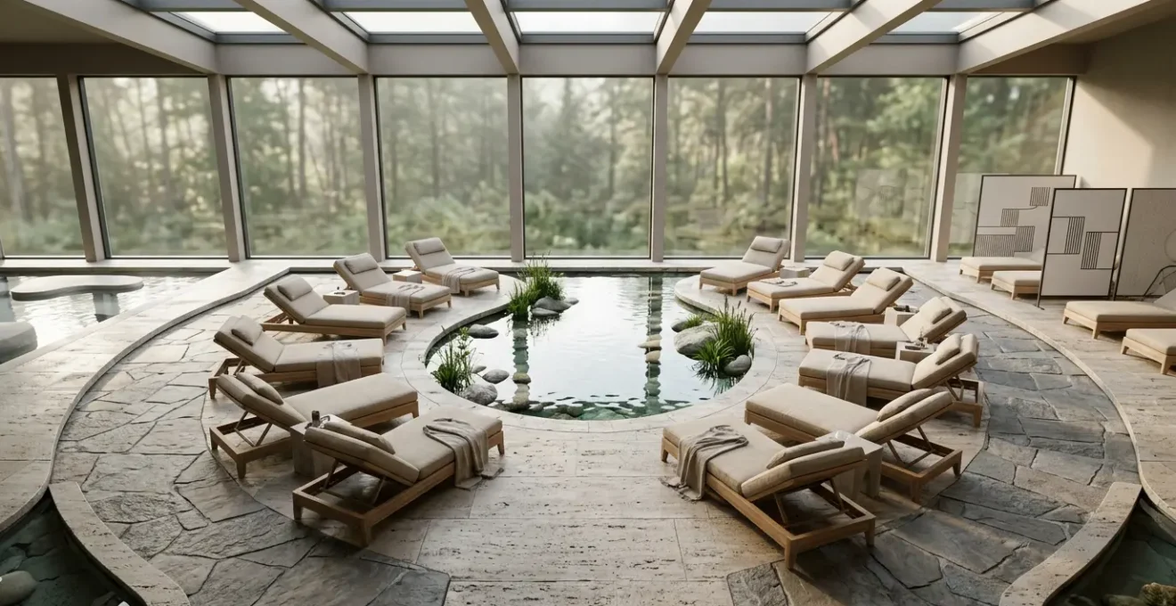 Vue aérienne d'un spa moderne avec zones de repos organisées autour d'un bassin central, montrant l'agencement harmonieux des transats et espaces de circulation