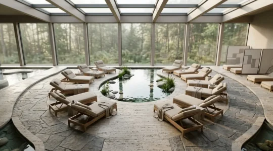 Vue aérienne d'un spa moderne avec zones de repos organisées autour d'un bassin central, montrant l'agencement harmonieux des transats et espaces de circulation