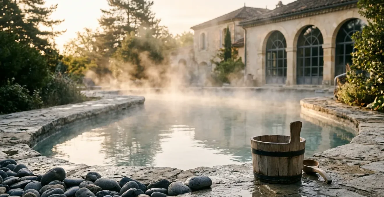 Vue sereine d'un espace thermal français avec vapeur douce et ambiance zen propice à la relaxation profonde