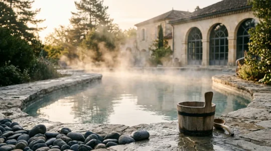 Vue sereine d'un espace thermal français avec vapeur douce et ambiance zen propice à la relaxation profonde