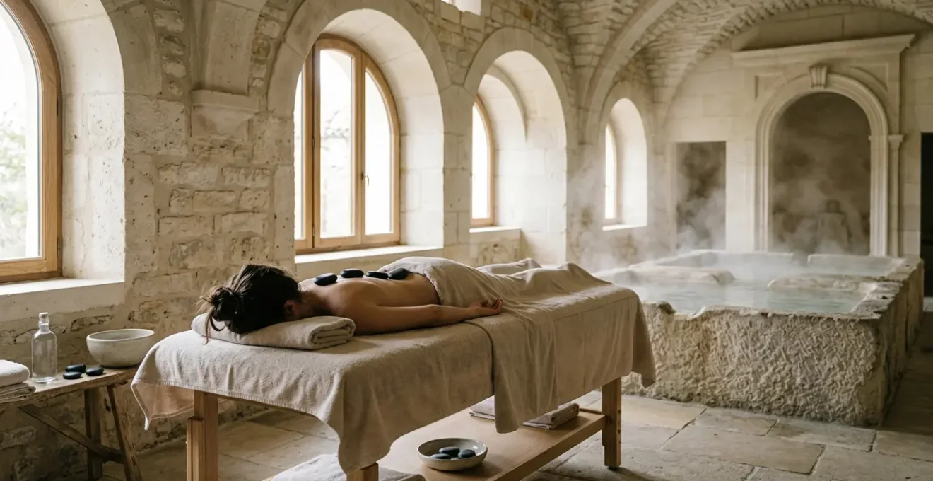 Personne allongée dans un spa thermal français avec pierres chaudes sur le dos et vapeur d'eau chaude visible