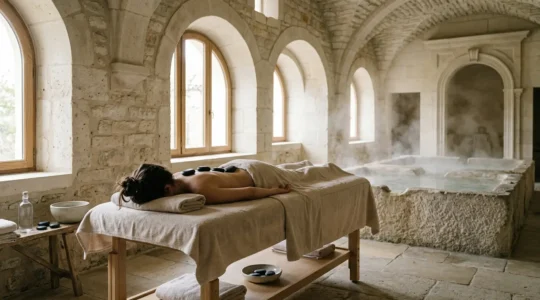 Personne allongée dans un spa thermal français avec pierres chaudes sur le dos et vapeur d'eau chaude visible