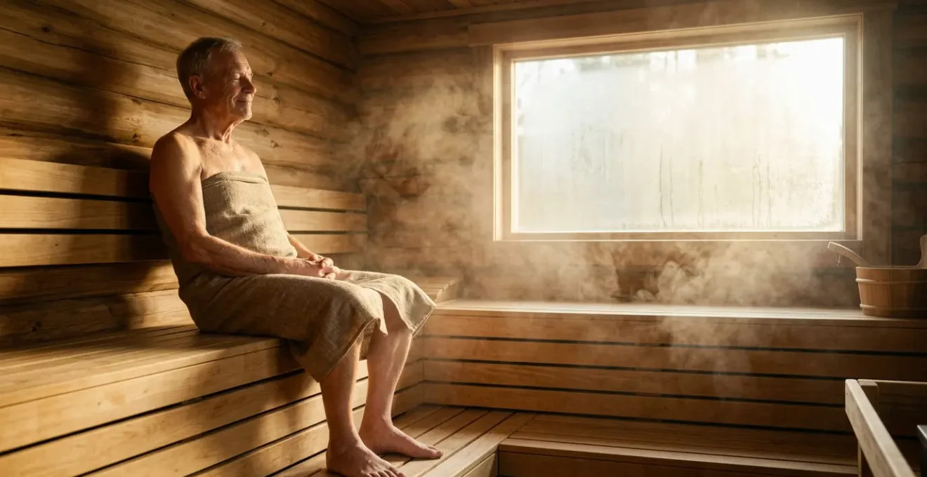 Personne âgée sereine dans un sauna moderne avec lumière naturelle