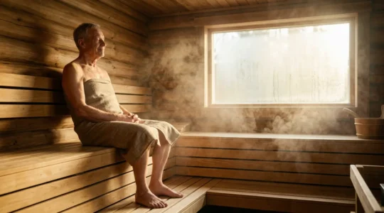 Personne âgée sereine dans un sauna moderne avec lumière naturelle