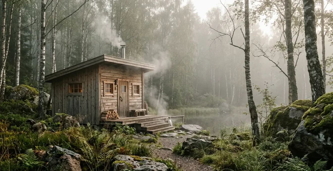 Espace bien-être scandinave avec sauna traditionnel et ambiance naturelle apaisante