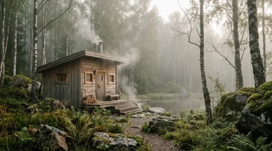 Espace bien-être scandinave avec sauna traditionnel et ambiance naturelle apaisante