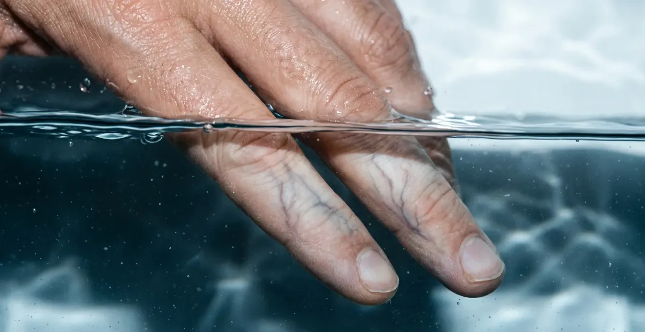 Gros plan macro sur une main humaine dans l'eau froide avec effet de vasoconstriction visible sous la peau