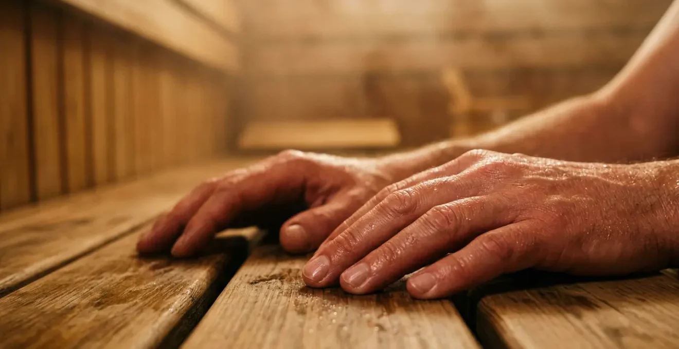Vue rapprochée de mains dans un sauna montrant des doigts légèrement gonflés par la vasodilatation dans une atmosphère de vapeur chaude