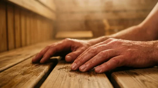 Vue rapprochée de mains dans un sauna montrant des doigts légèrement gonflés par la vasodilatation dans une atmosphère de vapeur chaude