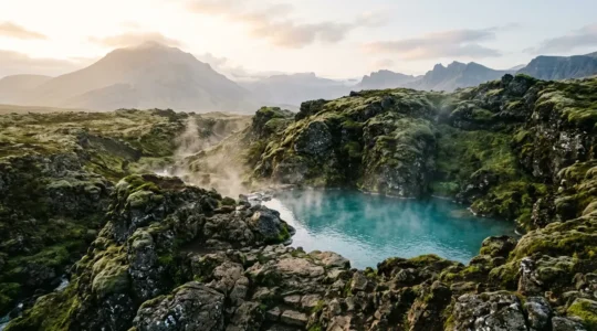 Vue aérienne d'une source thermale naturelle européenne entourée de pierres avec vapeur s'élevant dans l'air frais du matin