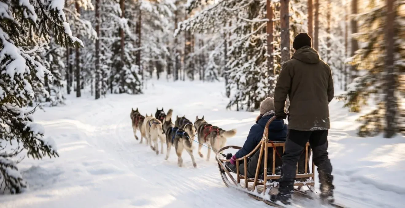 Traîneau tiré par des huskies traversant une forêt enneigée de Laponie au soleil couchant