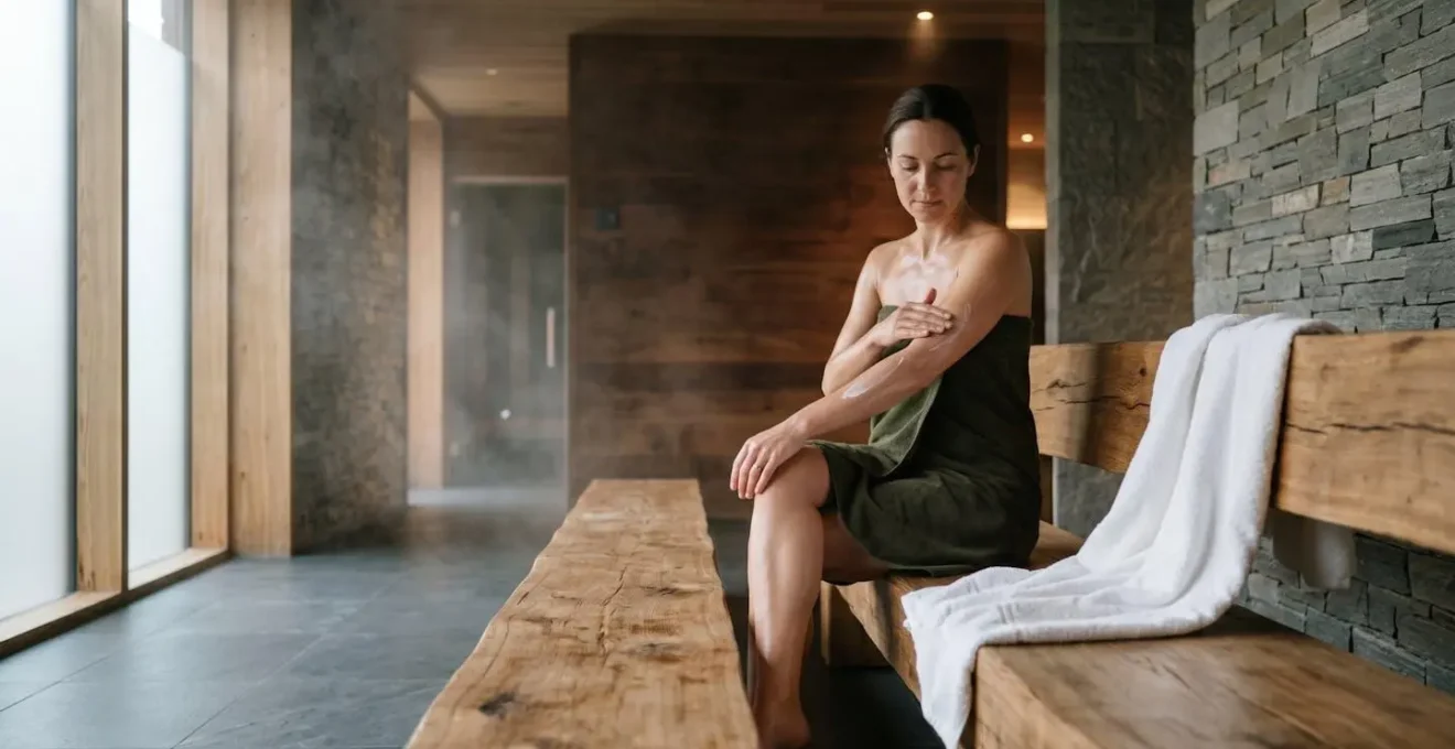 Gros plan sur des mains appliquant une crème hydratante sur une peau encore humide après le sauna