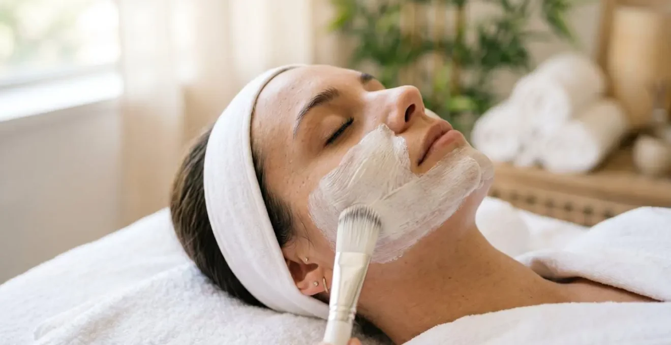 Femme appliquant un masque blanc à la silice sur son visage dans un environnement spa