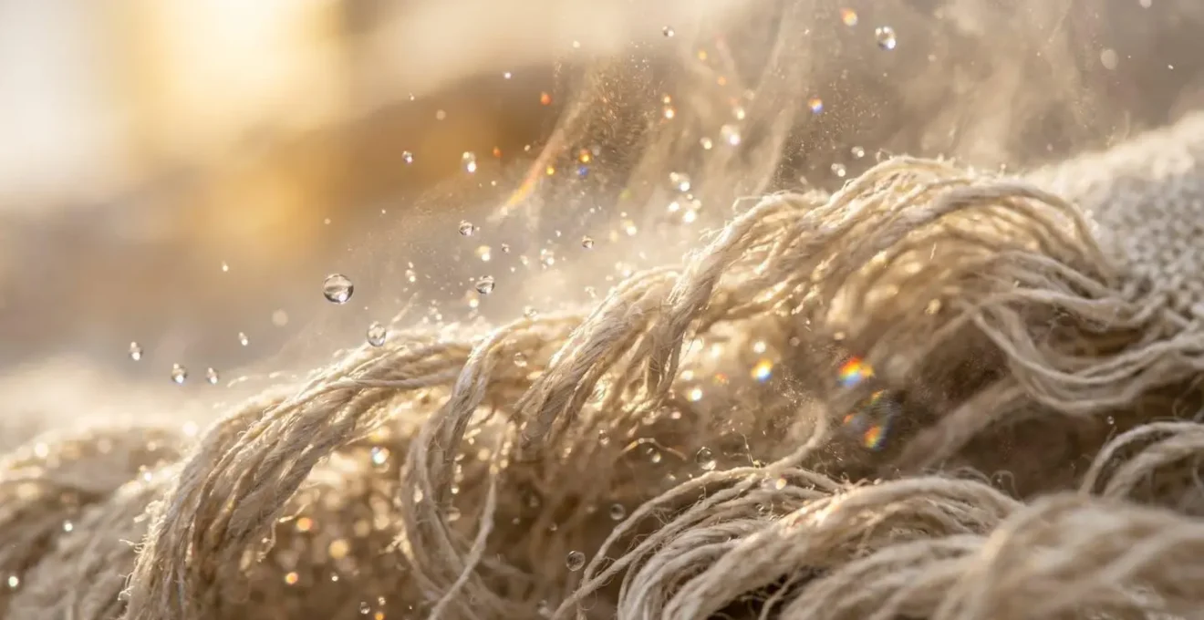 Gros plan sur les fibres d'une serviette en mouvement circulaire avec gouttelettes de vapeur