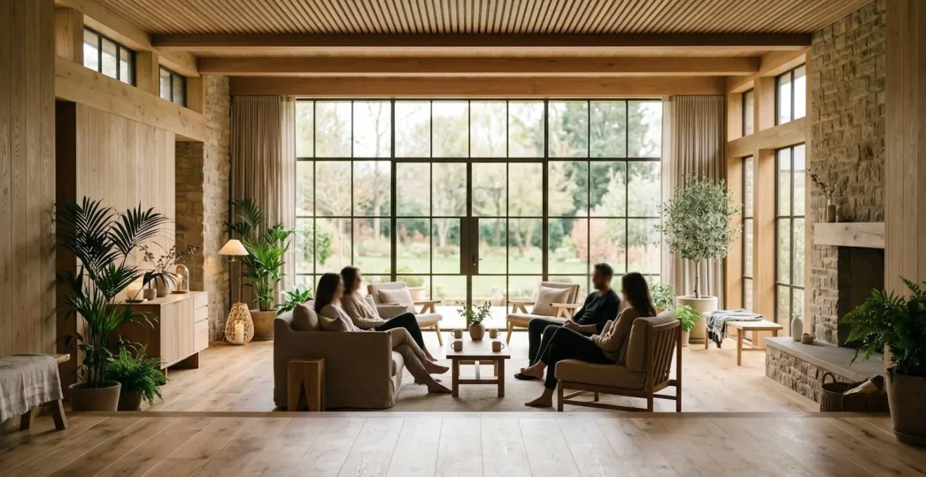 Ambiance chaleureuse et conviviale d'un espace spa avec plusieurs personnes détendues en arrière-plan