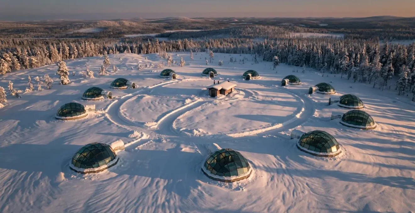 Vue aérienne d'igloos de verre dispersés sur une colline enneigée au crépuscule arctique