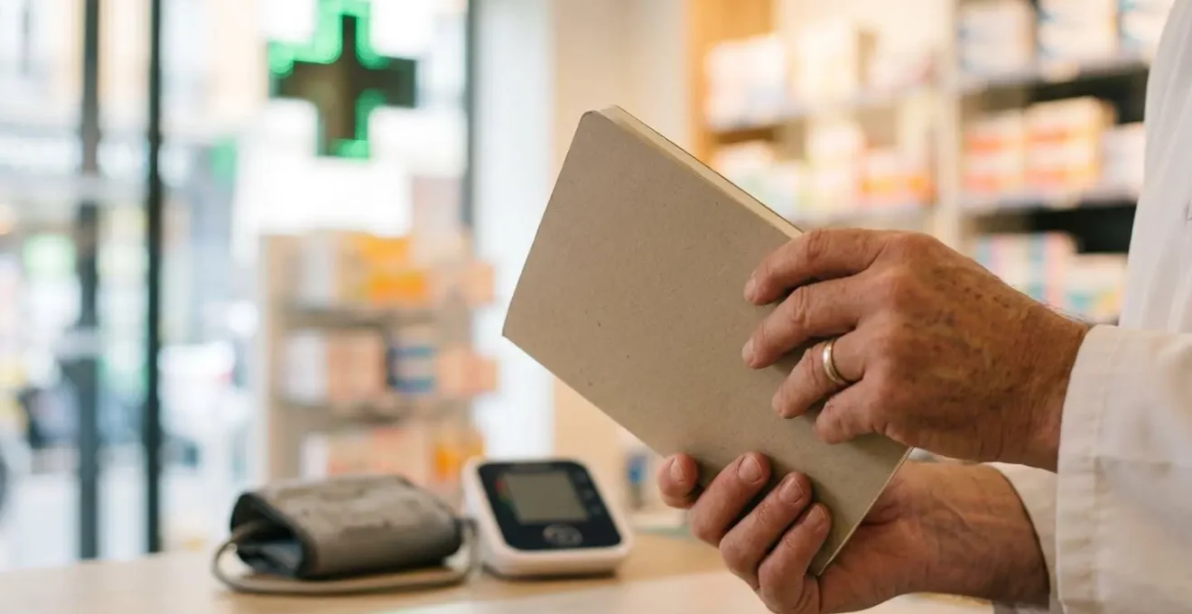 Personne tenant un carnet de suivi de tension dans une pharmacie française, ambiance lumineuse et rassurante