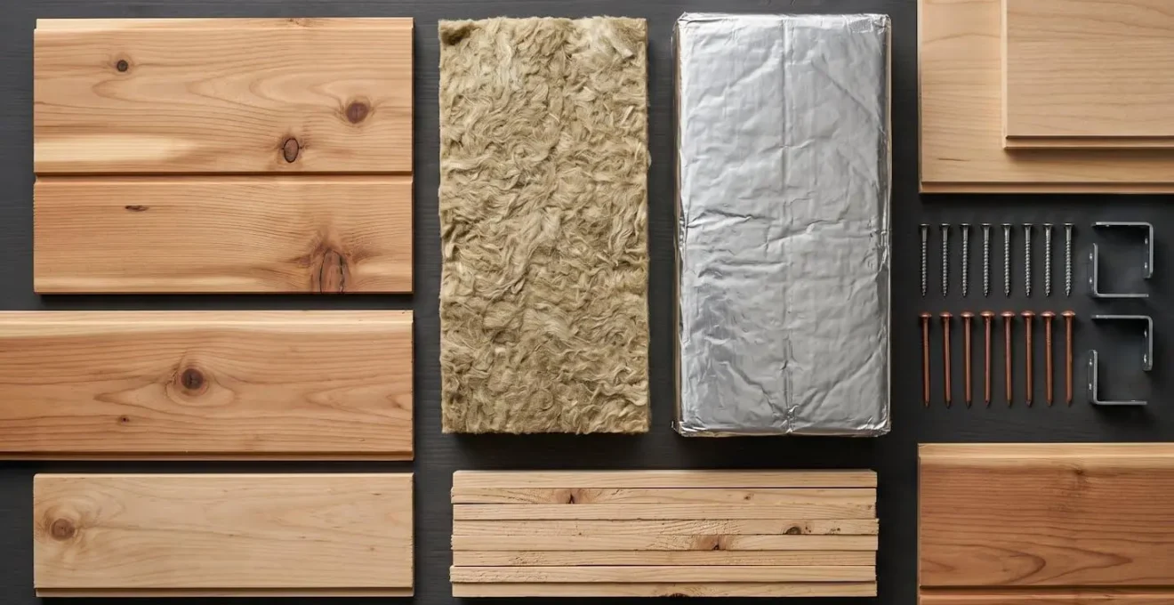 Matériaux de construction d'un sauna disposés avec organisation méthodique