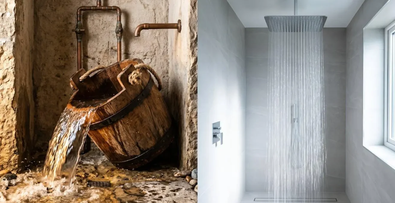 Comparaison visuelle entre un seau à bascule traditionnel et une douche effet pluie moderne