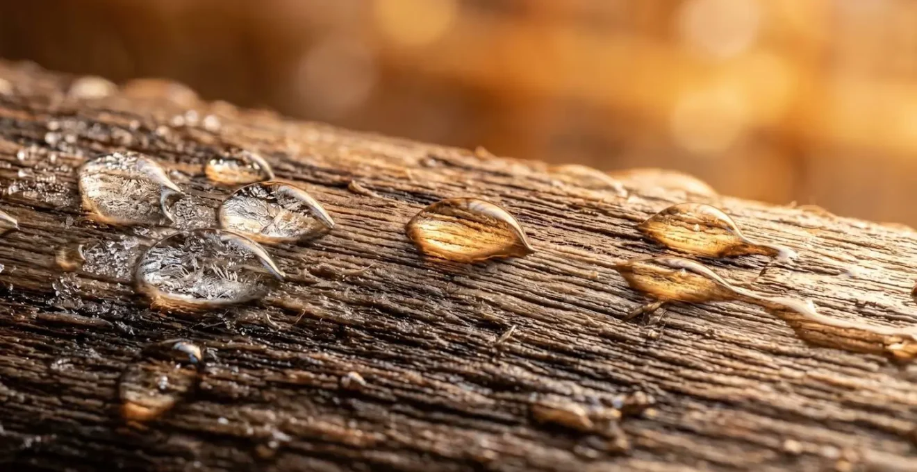 Vue macro de gouttelettes de condensation sur une surface naturelle évoquant le cycle chaud-froid