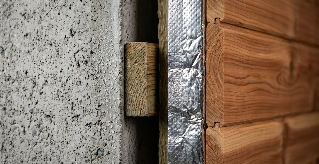 Détail technique de la lame d'air ventilée entre l'isolation du sauna et le mur porteur