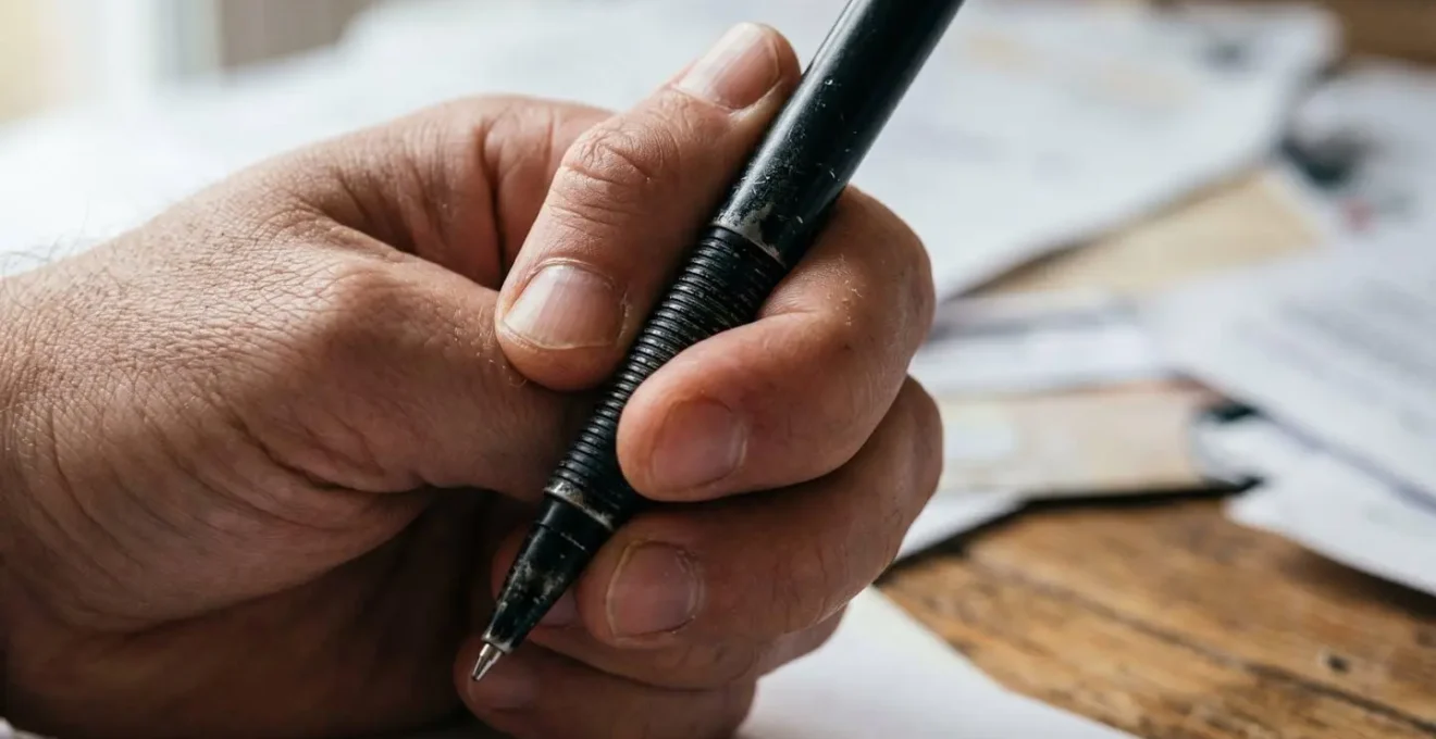 Main remplissant un formulaire de demande de cure thermale sur bureau épuré