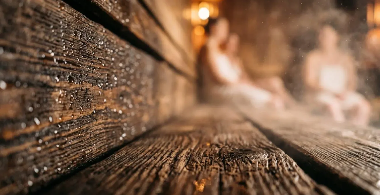 Intérieur d'un spa nordique avec sauna en bois et bassin thermal