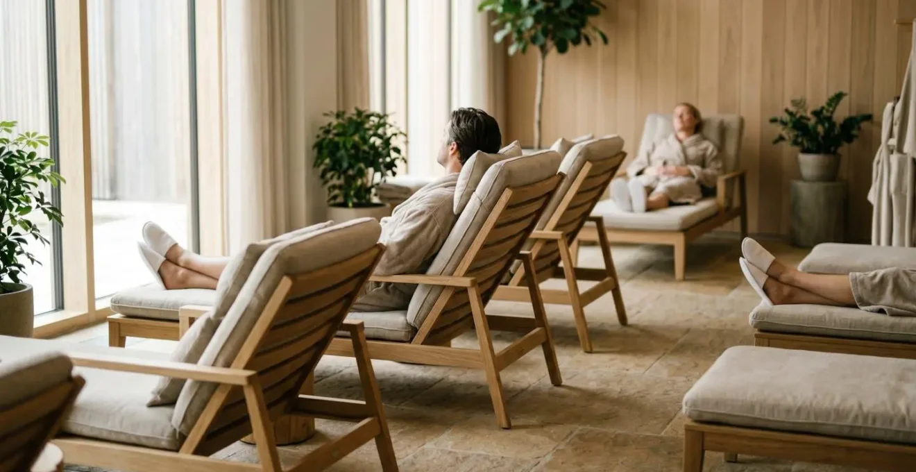 Espace de relaxation spa montrant l'agencement respectueux des transats avec espacement approprié